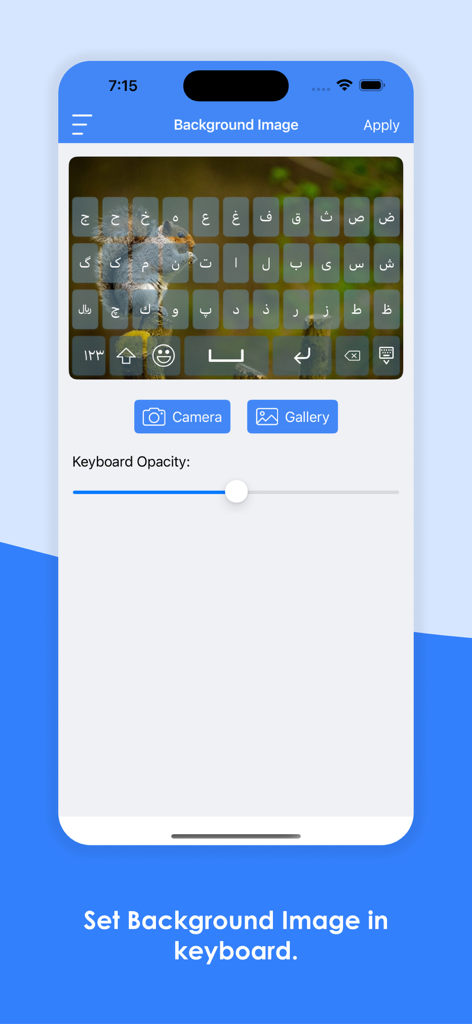 Persian keyboard interface showing the setting to choose a custom background image with an opacity slider