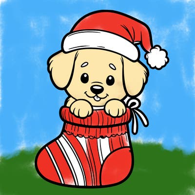 cute puppy wearing santa hat in socking