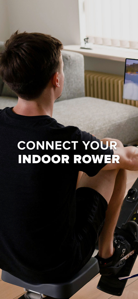 EXR | Virtual indoor rowing - A man using an indoor rowing machine with the EXR virtual rowing app on a screen