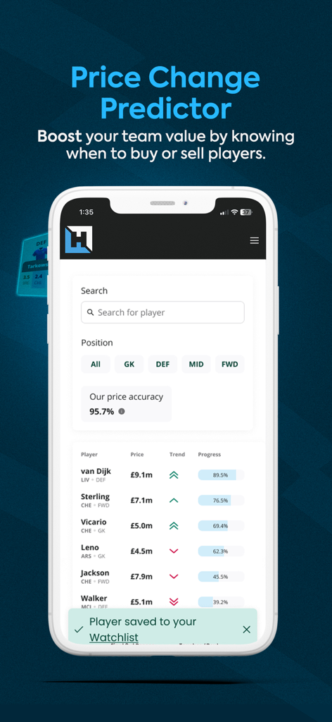 Interface of the Fantasy Football Hub price change predictor showing player market trends