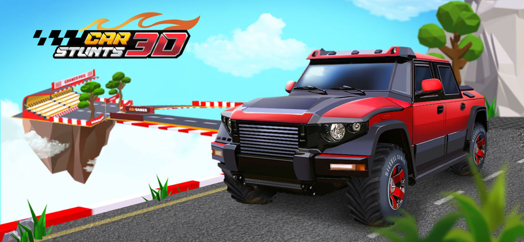 A red truck parked on a floating sky track in the Car Stunts 3D game