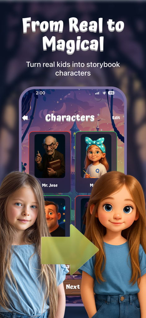 Whimsy Tales - Interface do aplicativo Whimsy Tales mostrando uma foto real de uma criança transformada em um personagem mágico de livro de histórias