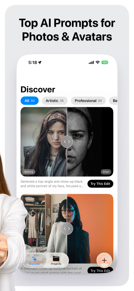 AI Photo Editor and Generator - AI Photo Editor app screen showing top AI prompts and before after comparisons for artistic and professional photo edits