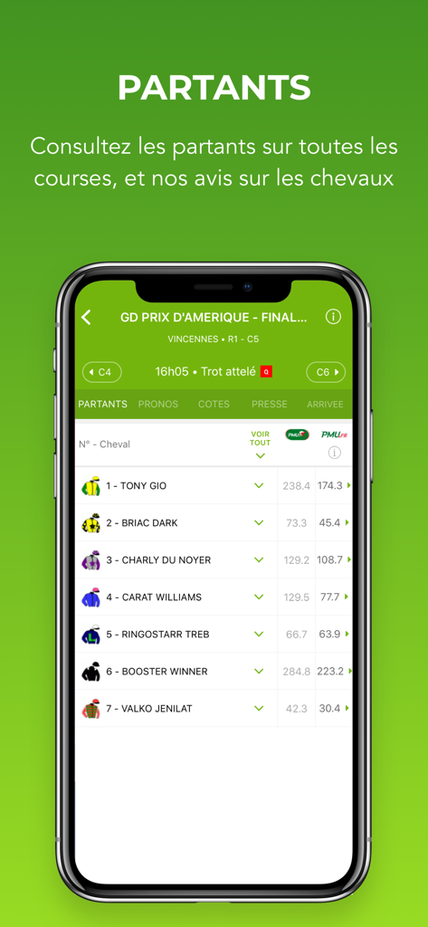 Turfoo Résultats Turf et Prono - Mobile app screen showing the list of starters and odds for a French horse race
