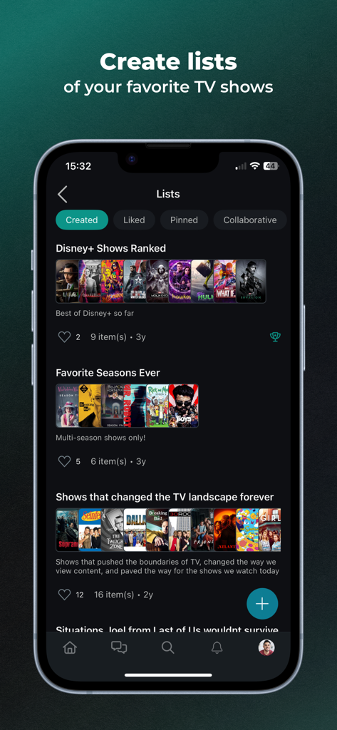 Interface do aplicativo Serializd mostrando listas criadas por usuários e rankings de séries de TV populares
