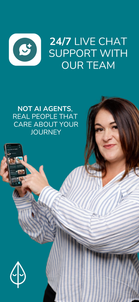 Clear Minds - Hypnotherapy - A woman holding a smartphone displaying the Clear Minds hypnotherapy app with text highlighting 24/7 live chat support from real people