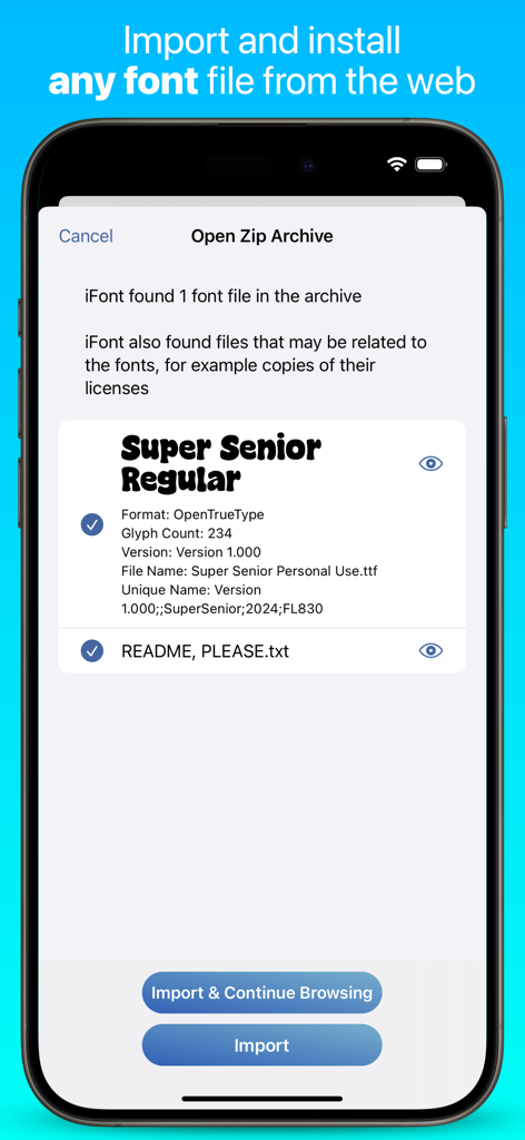 iFont app screen showing the process of importing a custom font from a zip archive on an iPhone