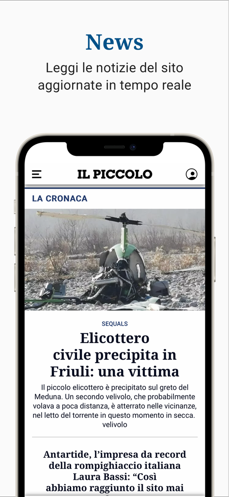 il Piccolo - Pantalla de smartphone que muestra la aplicación de noticias il Piccolo con artículos de noticias italianos en tiempo real