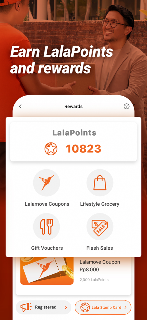 Lalamove app rewards interface displaying LalaPoints balance and available delivery vouchers
