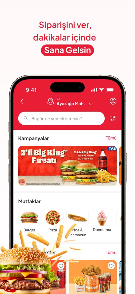 Schermata principale dell'app di delivery di cibo Tikla Gelsin che mostra offerte Burger King e categorie di cucina turca.