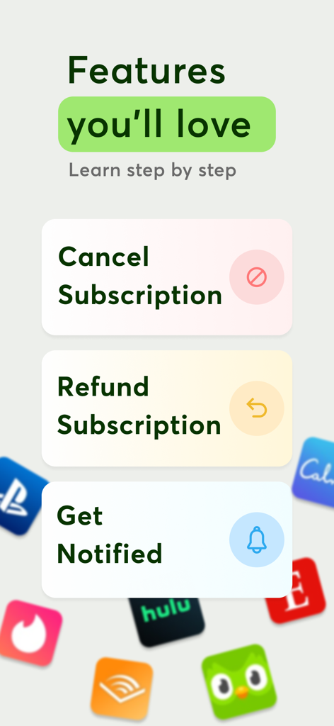 Cancel Subscriptions: Subee - Panel de la aplicación Subee que muestra funciones para cancelar y reembolsar suscripciones con alertas de notificación.