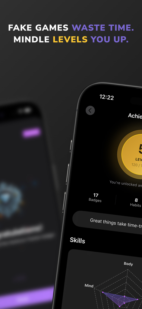 Habit Tracker - Mindle - Mindle Habit Tracker App-Oberfläche, die Benutzerleistungen und Fortschritte im Fähigkeitslevel zeigt.