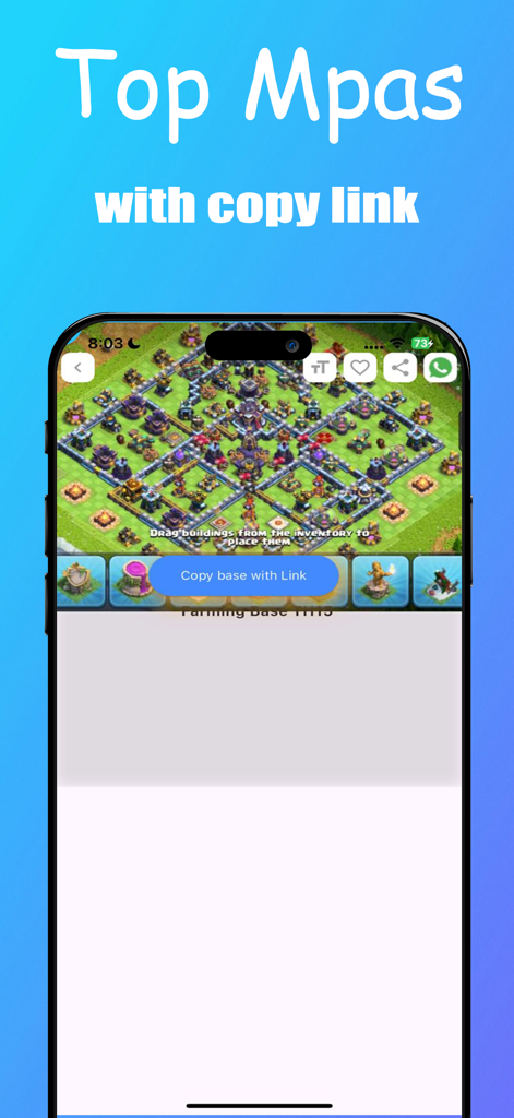 Maps Base For Clash of Clans - Un teléfono móvil mostrando un diseño de mapa de base de Clash of Clans con un prominente botón de enlace de copia