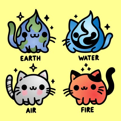 4 cats that represent the different elements, earth, water, air, and fire