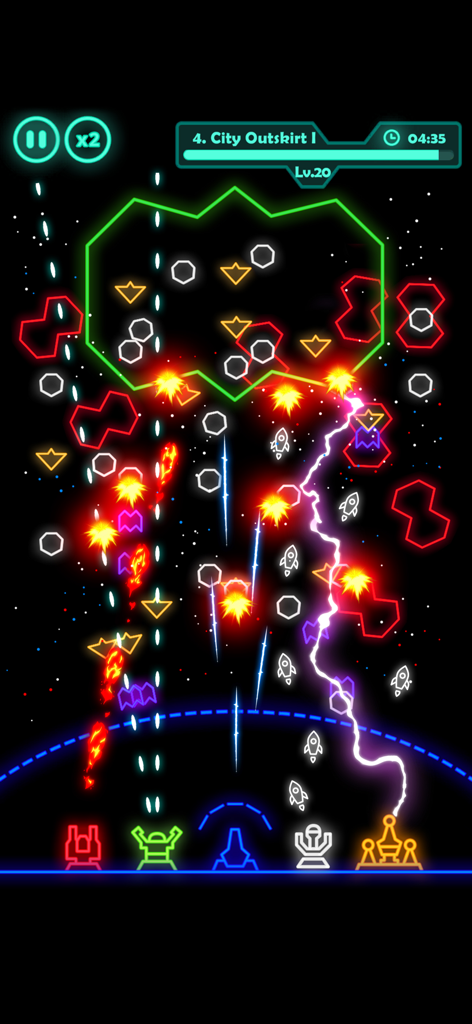 Neon space combat gameplay in Falltopia showing multiple units attacking alien waves