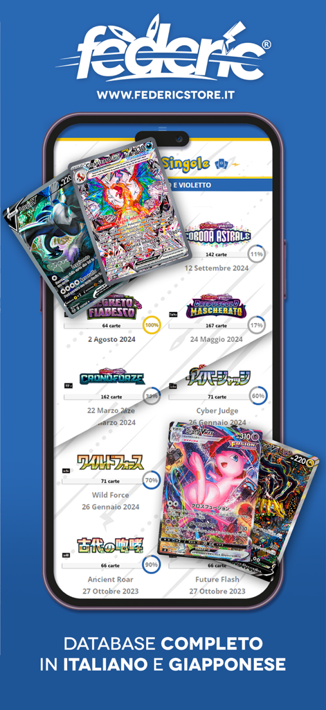 Federicstore - Federicstore app interface displaying a collection tracker and database of Pokémon cards in Italian and Japanese.