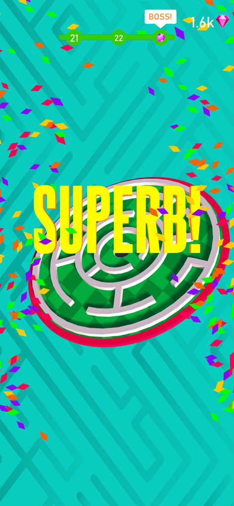 3D Maze: Tilt Puzzle Game - A completed circular 3D maze level with the word Superb and falling confetti