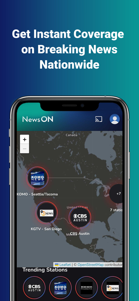 NewsON - Local News & Weather - A map of the United States in the NewsON app displaying various local news station icons across the country