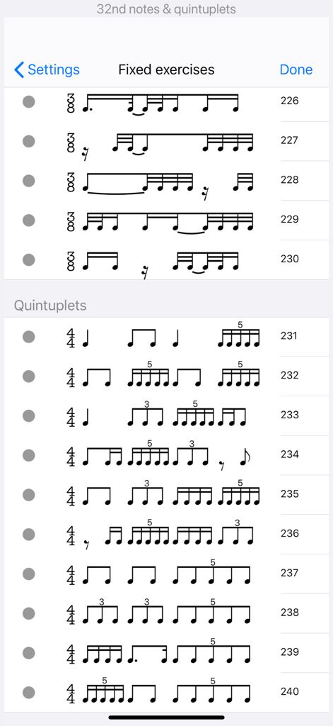 List of fixed rhythm exercises featuring quintuplets and 32nd notes in the Rhythm Sight Reading Trainer app.