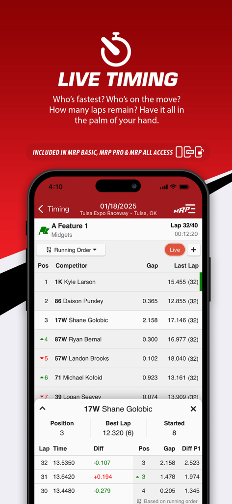 MyRacePass mobile app showing live racing timing leaderboard and detailed driver lap statistics