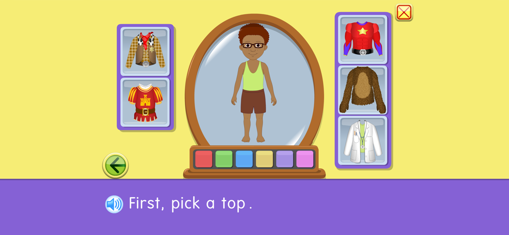 Starfall All About Me - Un niño personalizando su personaje con diferentes atuendos en la aplicación educativa Starfall All About Me.