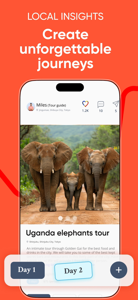 ALLMYNE app interface showing a local guide profile with a Uganda elephants tour itinerary and day by day planning