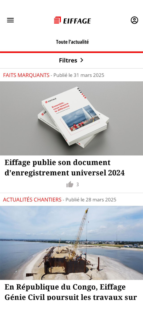 Eiffage mobile app news feed showing corporate reports and construction project updates