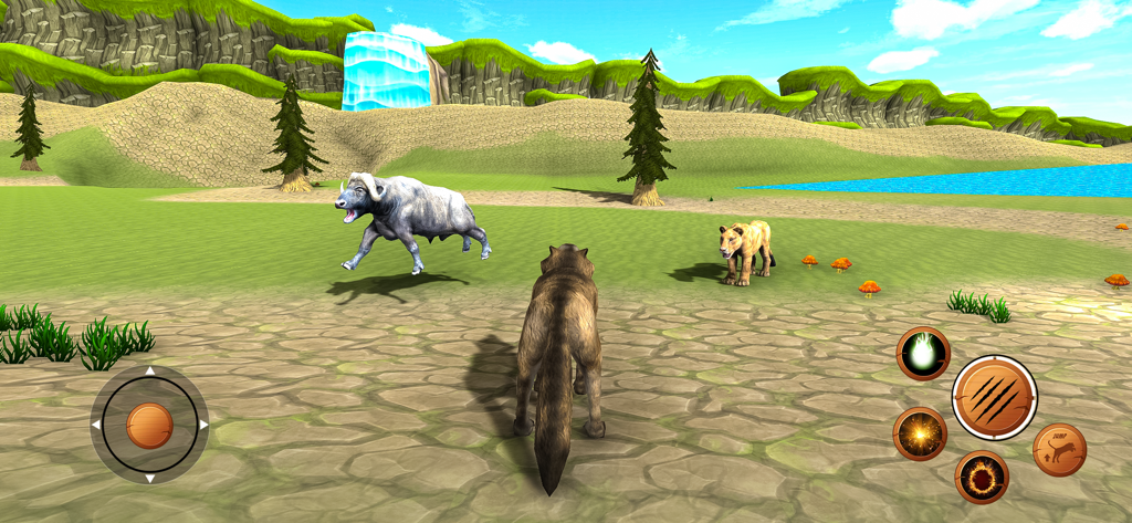 Wild Wolf Games Simulator - Vista en tercera persona de un lobo en un juego 3D enfrentando a un león y un búfalo cerca de una cascada.