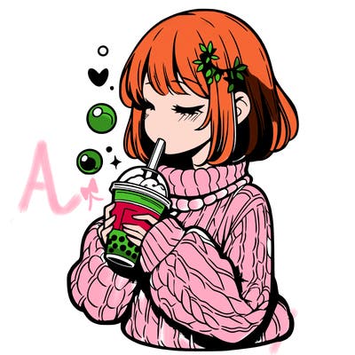 manga girl drinking boba in cozy sweater