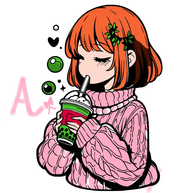 manga girl drinking boba in cozy sweater