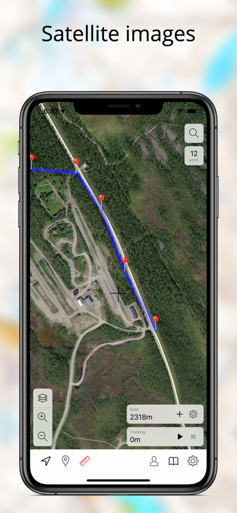 Topo maps - Sweden - Satellite map view in the Topo maps Sweden app displaying a tracked route with distance and speed metrics