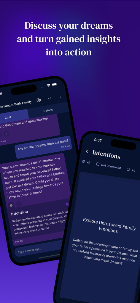 DreamMuse - DreamMuse interface showing AI dream discussion and intention setting for personal growth.