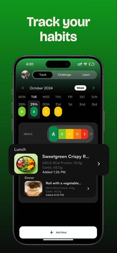 Snacc - Build Healthy Habits - Snacc app screen displaying a weekly habit calendar and logged meals with calorie and macro details