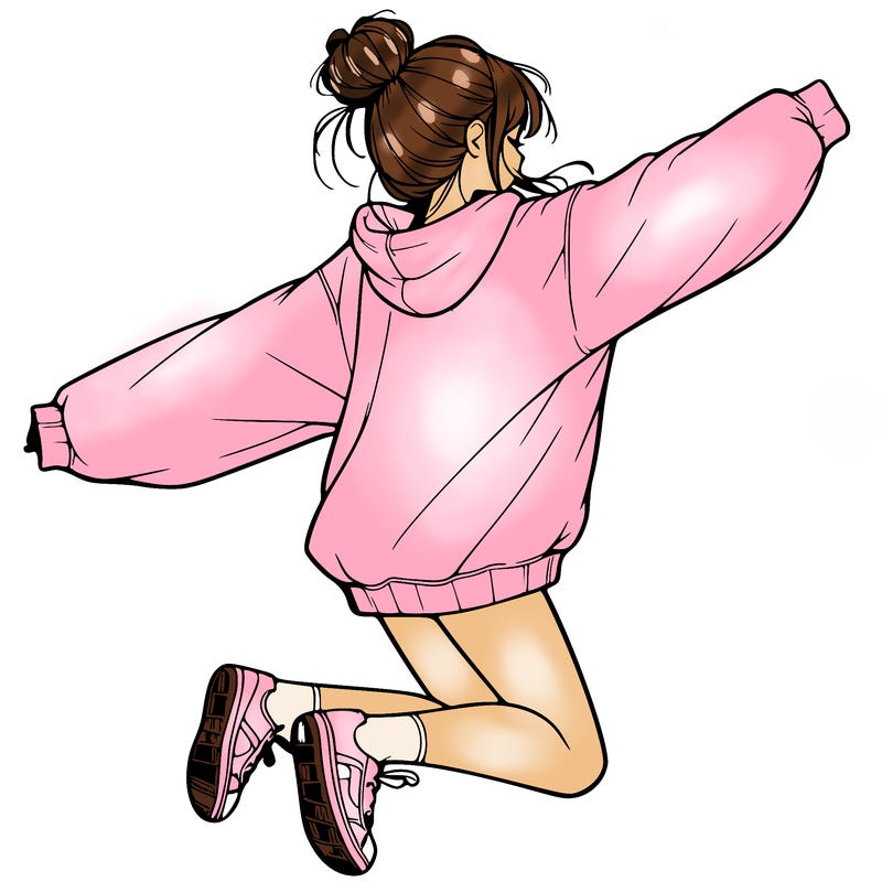 realistic girl jumping with a bun and oversized sweatshirt