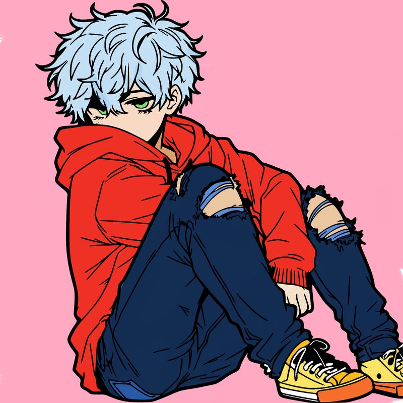 a male hoddie ripped jeans messy hair anime