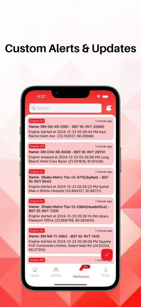 Robi Vehicle Tracker - RVT - Robi Vehicle Tracker app showing engine status alerts and real-time location notifications