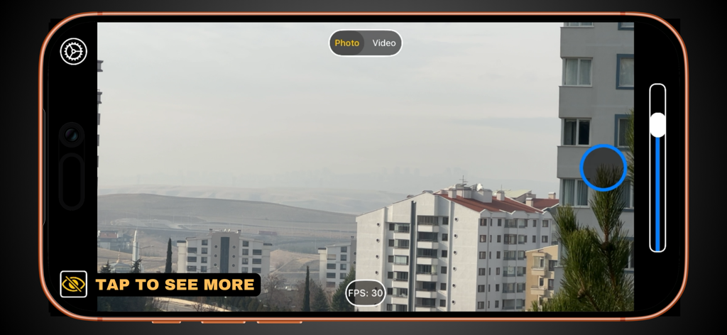 ClearView Basic - ClearView Basic app interface showing real-time visibility enhancement of a hazy landscape with buildings
