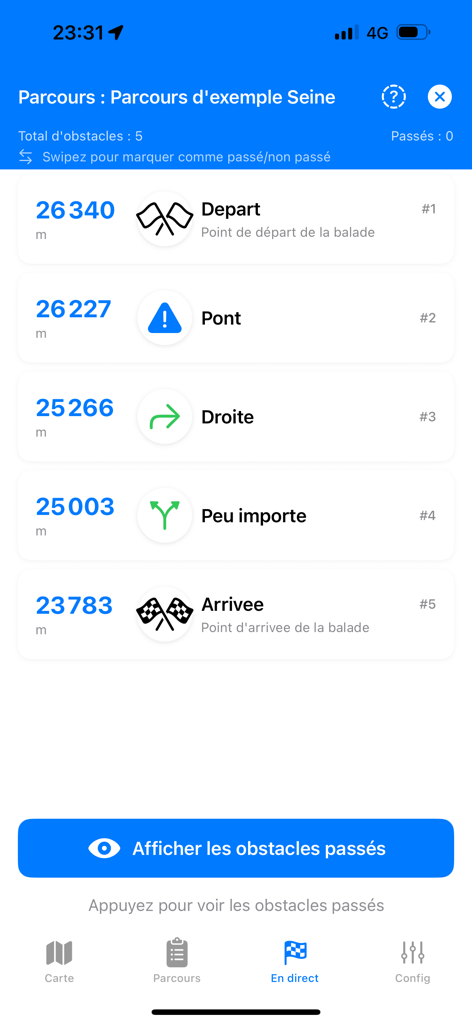 Canoe Kayak - Kayak navigation screen showing a list of waypoints and river obstacles with distances