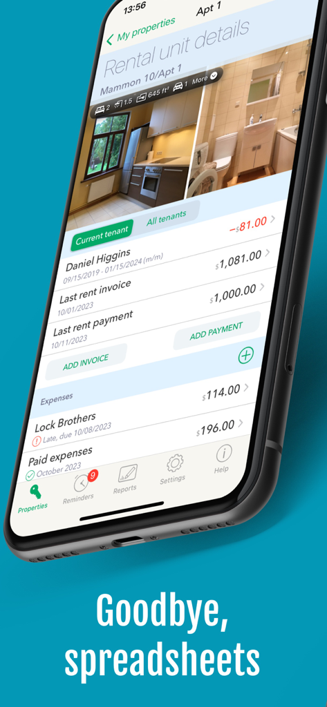 Landlordy Rent Manager - Landlordy app interface displaying rental unit details, tenant rent payments, and expense tracking for independent landlords.