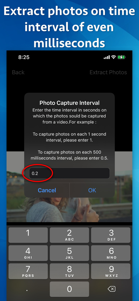 Video to Images Extractor - Interfaz para configurar un intervalo preciso de captura de fotos de 0.2 segundos en la aplicación Extractor de Vídeo a Imágenes.