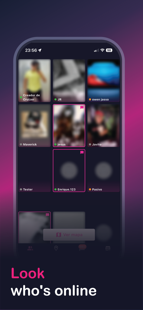 Cruizer - Cruizer app interface showing a grid of online user profiles with status indicators.