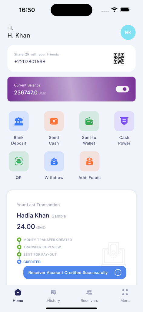 Yonna Wallet - Yonna Wallet mobile app dashboard showing current balance in Dalasi and financial transfer options like Bank Deposit and Send Cash