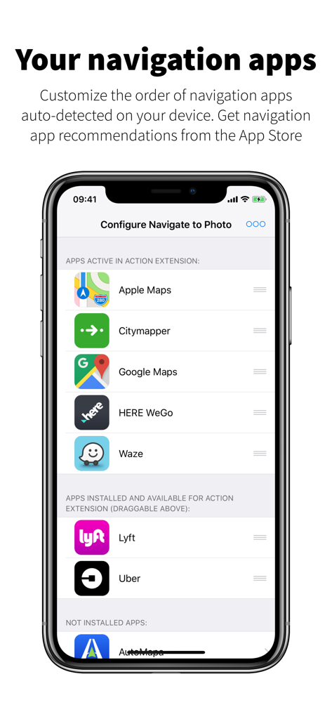Interfaz para configurar y ordenar las aplicaciones de navegación compatibles, como Google Maps, Waze y Apple Maps