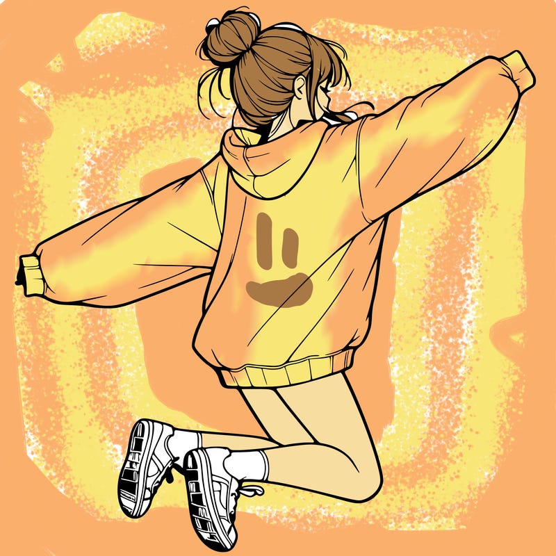 realistic girl jumping with a bun and oversized sweatshirt