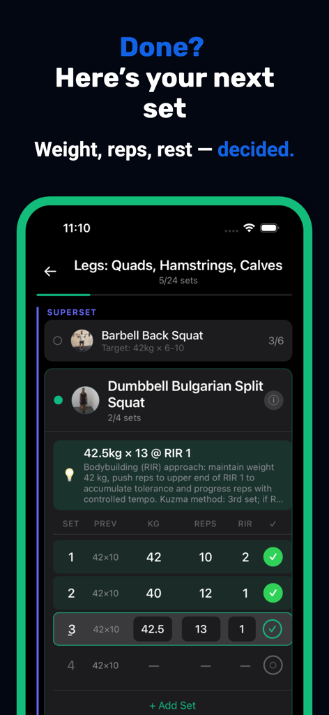 Arvo: AI Workout Coach - Arvo app interface displaying AI recommendations for weight and reps during a workout set.