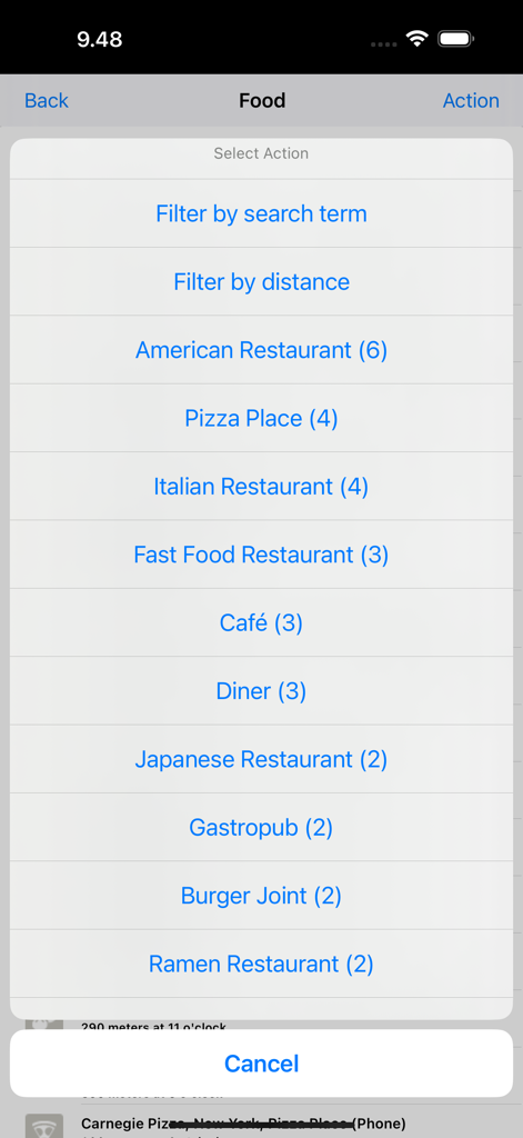 Screenshot of the BlindSquare app showing food category filters including American Restaurant, Pizza Place, and Cafe.
