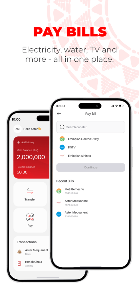 M-PESA Lehulum - Interfaz de la aplicación móvil M-PESA Lehulum que muestra opciones de pago de facturas de electricidad, agua y servicios de TV en Etiopía.