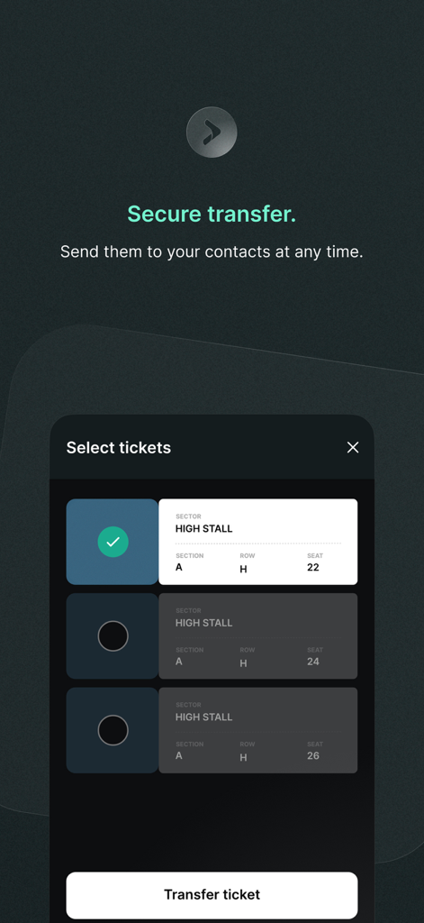 Mobile app interface for selecting and securely transferring digital event tickets