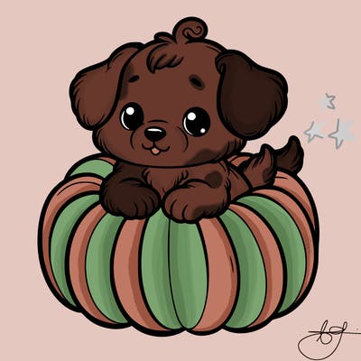cute little puppy in a pumpkin