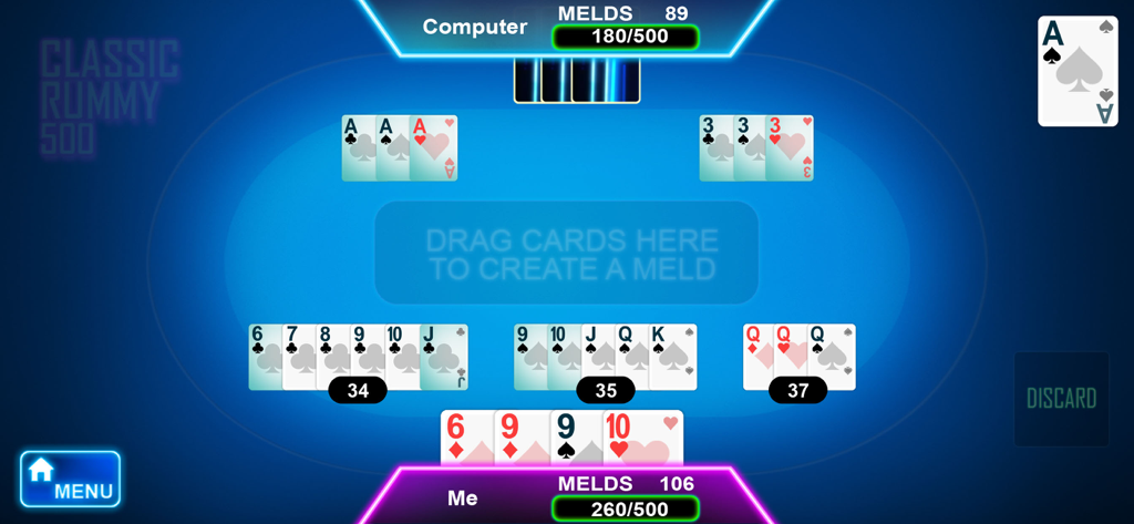Rummy 500 Casino Card Game - A gameplay screenshot of the Rummy 500 mobile card game showing cards, melds, and scores on a blue table.